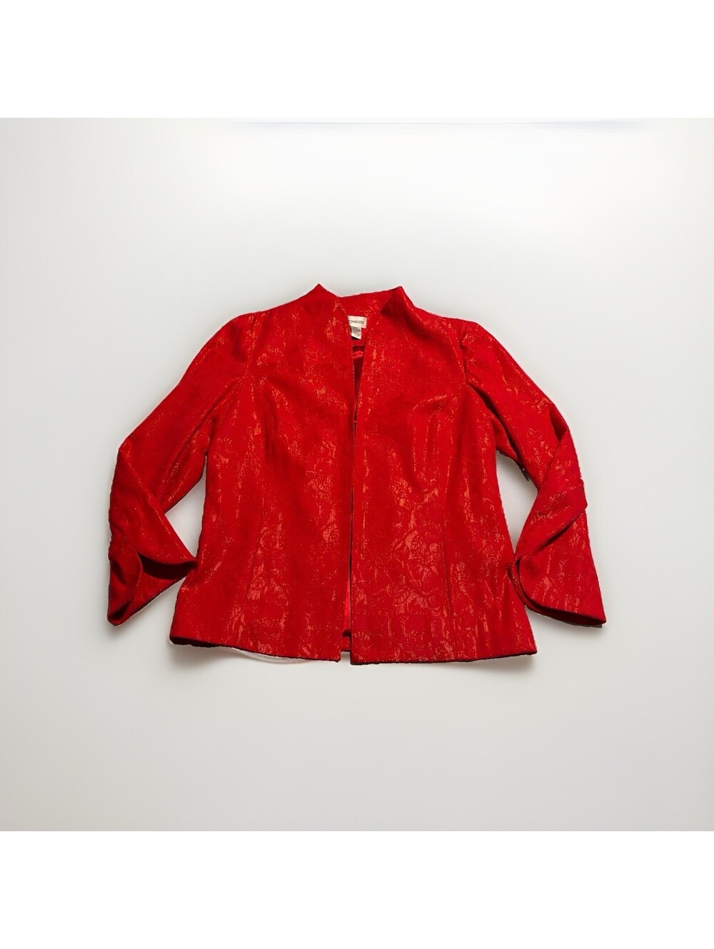 Chicos Jacket Women's Size 2 Red Floral Shiny Open Boho Casual
